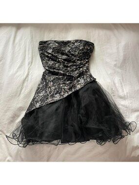 Lacy strapless tutu black mini dress